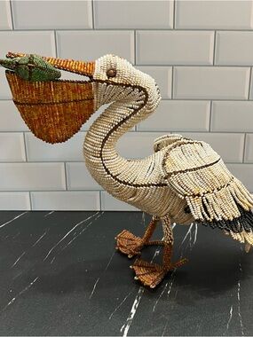 Beaded Pelican w/Fish Sculpture Coastal Nautical Beach House Statement Piece